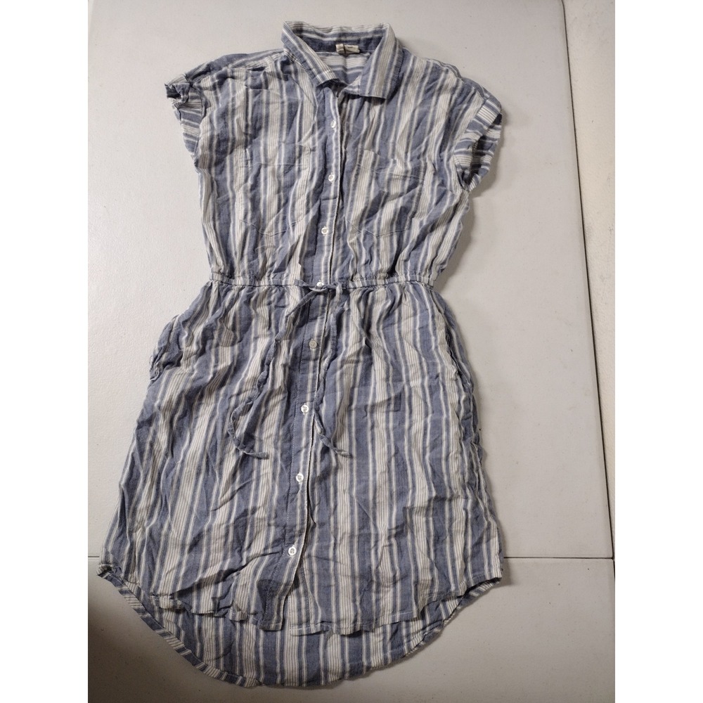 Japna Womens Blue White Striped Cotton Button Down Shirt Dress Short Sleeve S